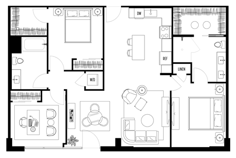 Floor plan for 3 beds, 2 baths, 1303 sqft